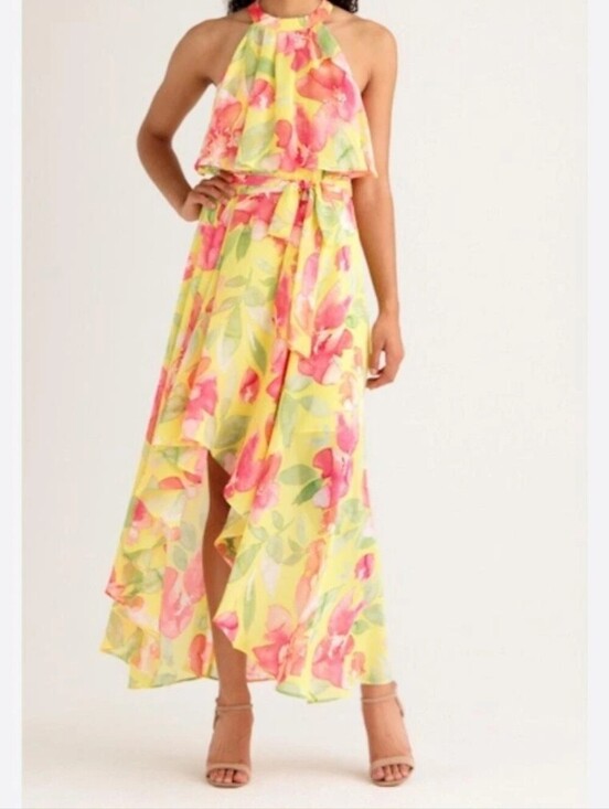 Eliza J Dresses & Skirts - ELIZA J | NWT Yellow Pink Floral Halter Neck High Low Belted Dress Size 18